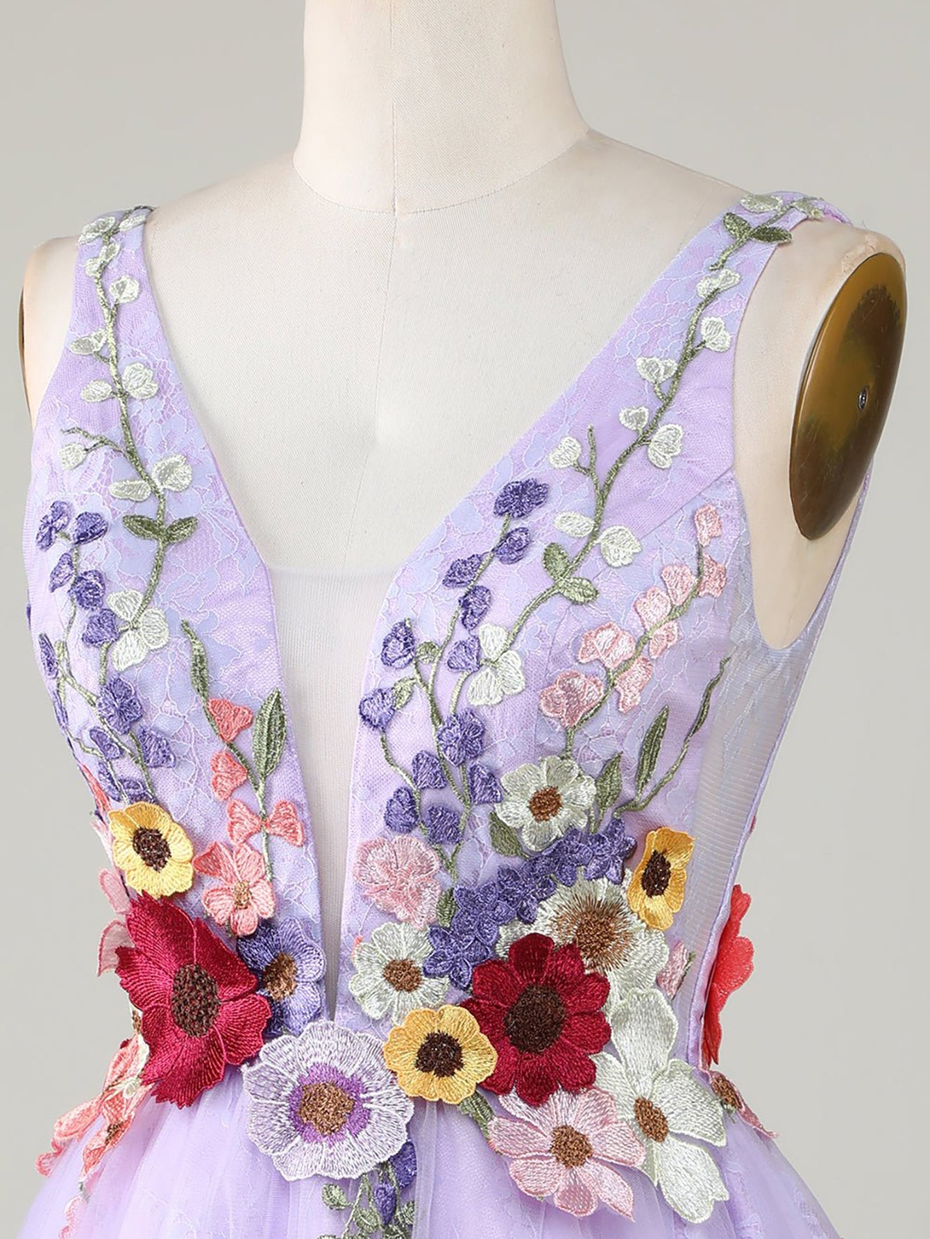 A-Line Lilac V Neck Backless Short Homecoming Dress with 3D Flowers - Fashionpara