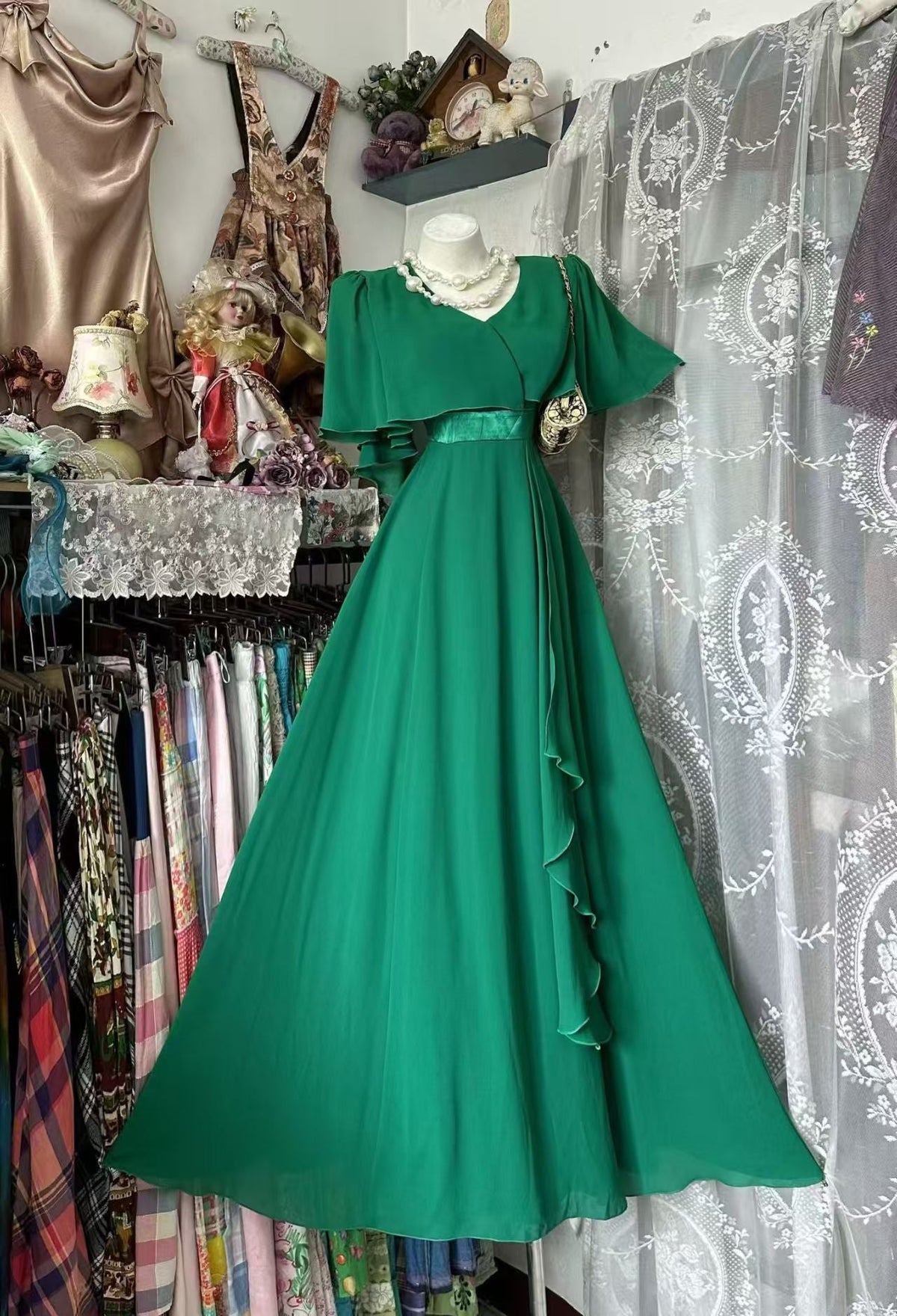 A-Line Emerald Green Chiffon Evening Dress Modest Wedding Dress