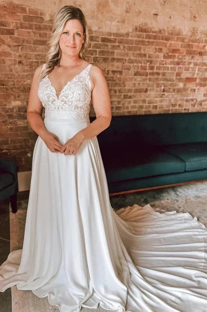 A Line Ivory Floral Lace Open Back Long Wedding Dresses WD686 by pgmdress