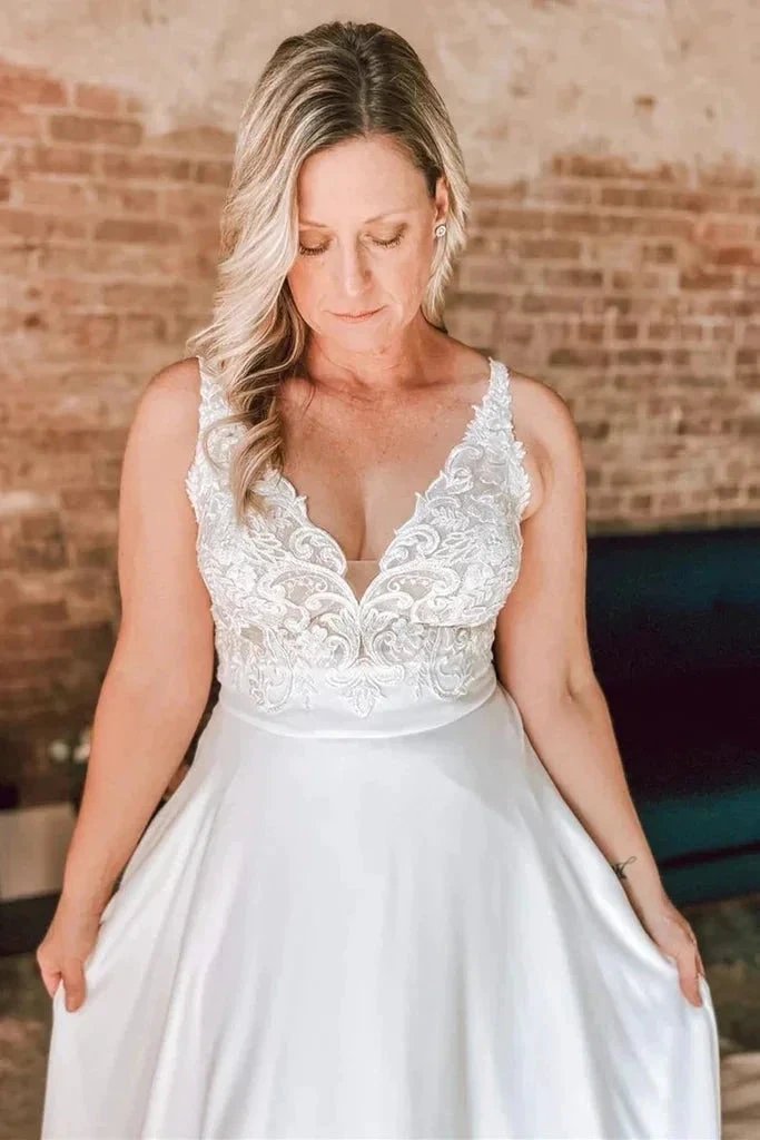 A Line Ivory Floral Lace Open Back Long Wedding Dresses (ZD16138)