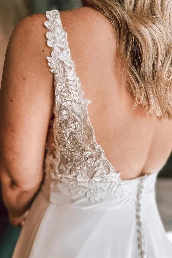 A Line Ivory Floral Lace Open Back Long Wedding Dresses (ZD16138)