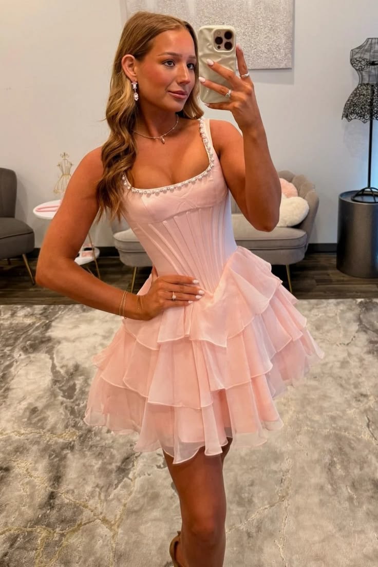 A-Line Layered Pink Chiffon Homecoming Dress Ruffled Party Dress
