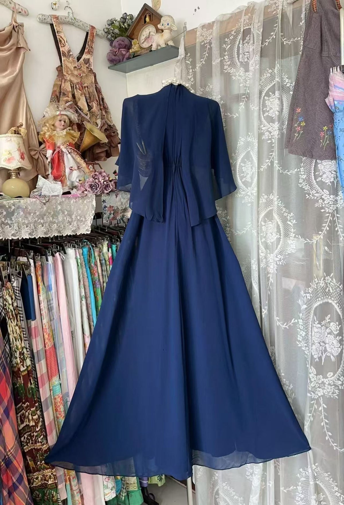 A Line Navy Blue Chiffon Modest Evening Dress Formal Wedding Guest Dress J10856
