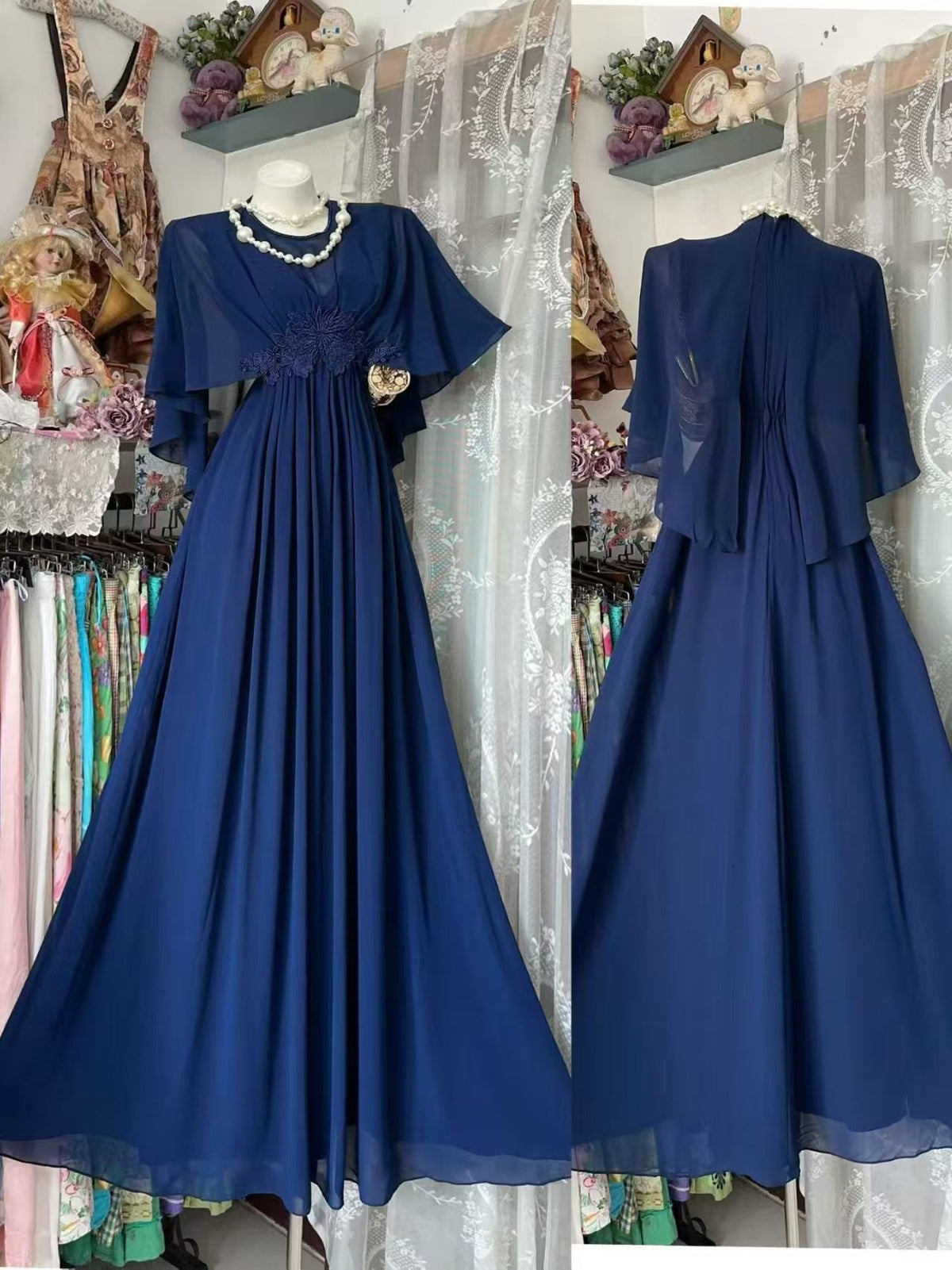 A Line Navy Blue Chiffon Modest Evening Dress Formal Wedding Guest Dress J10856