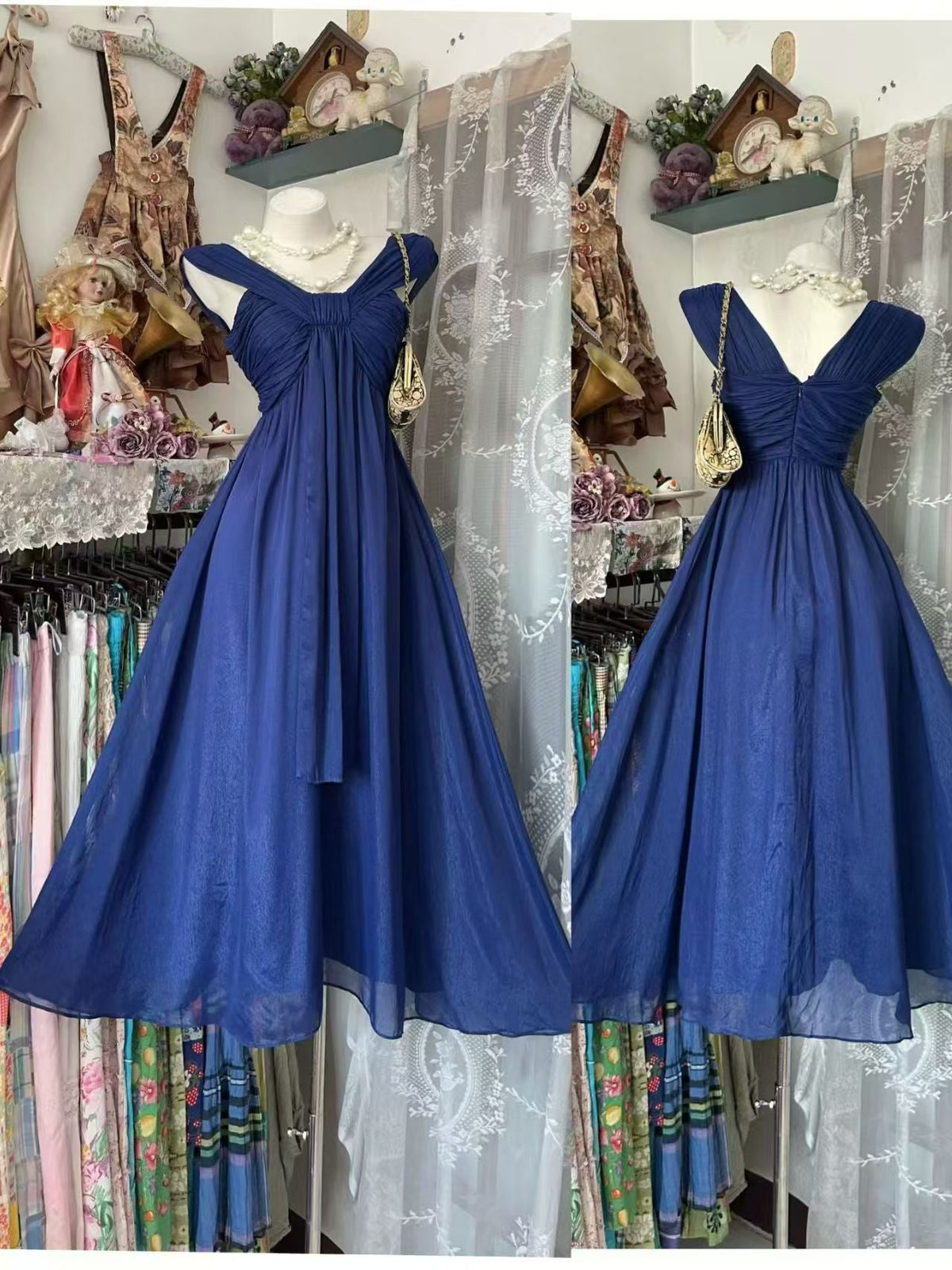 A Line Navy Blue Wedding Guest Dress Retro Evening Dress J10850
