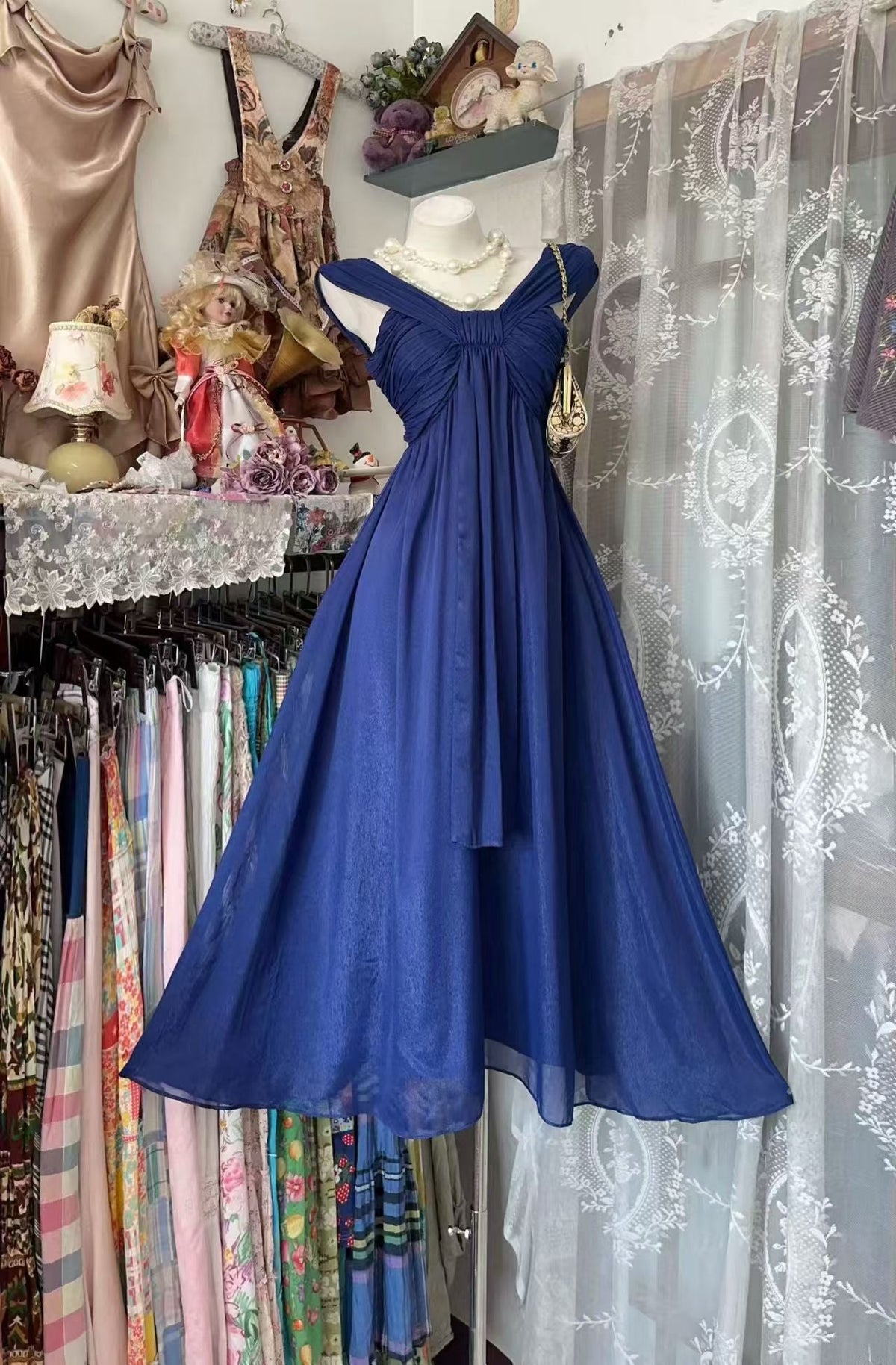 A Line Navy Blue Wedding Guest Dress Retro Evening Dress J10850