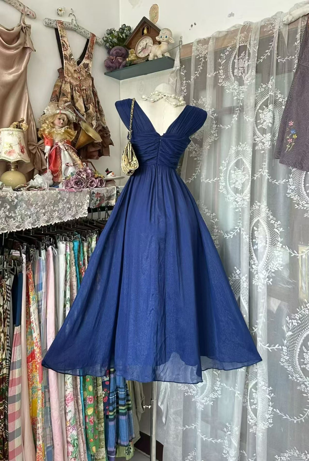 A Line Navy Blue Wedding Guest Dress Retro Evening Dress J10850