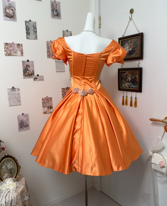 A-Line Orange Satin Short Homecoming Party Dress