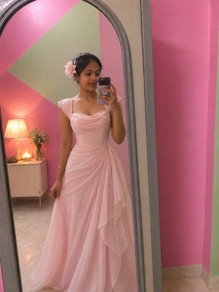 A-Line Pink Chiffon Prom Dress Ruffled Evening Dress