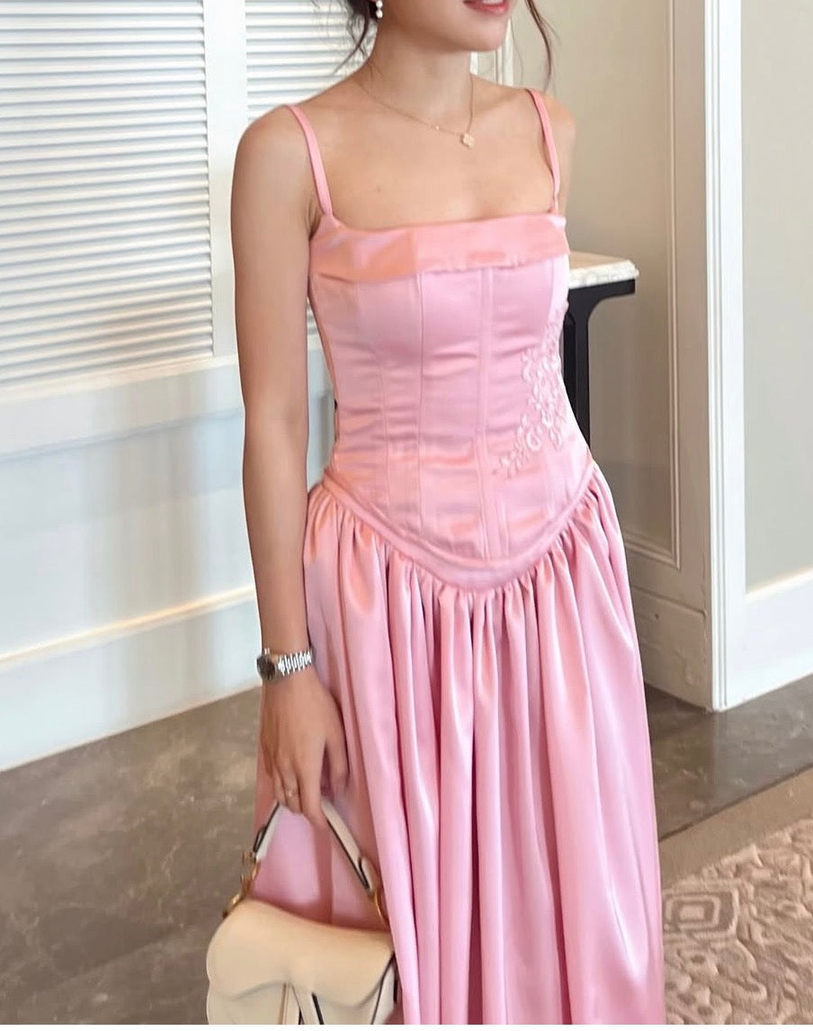 A-Line Pink Satin Prom Dress Corset Bridesmaid Dress