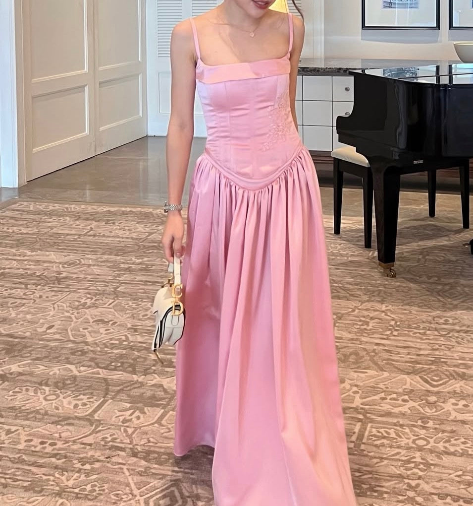 A-Line Pink Satin Prom Dress Corset Bridesmaid Dress