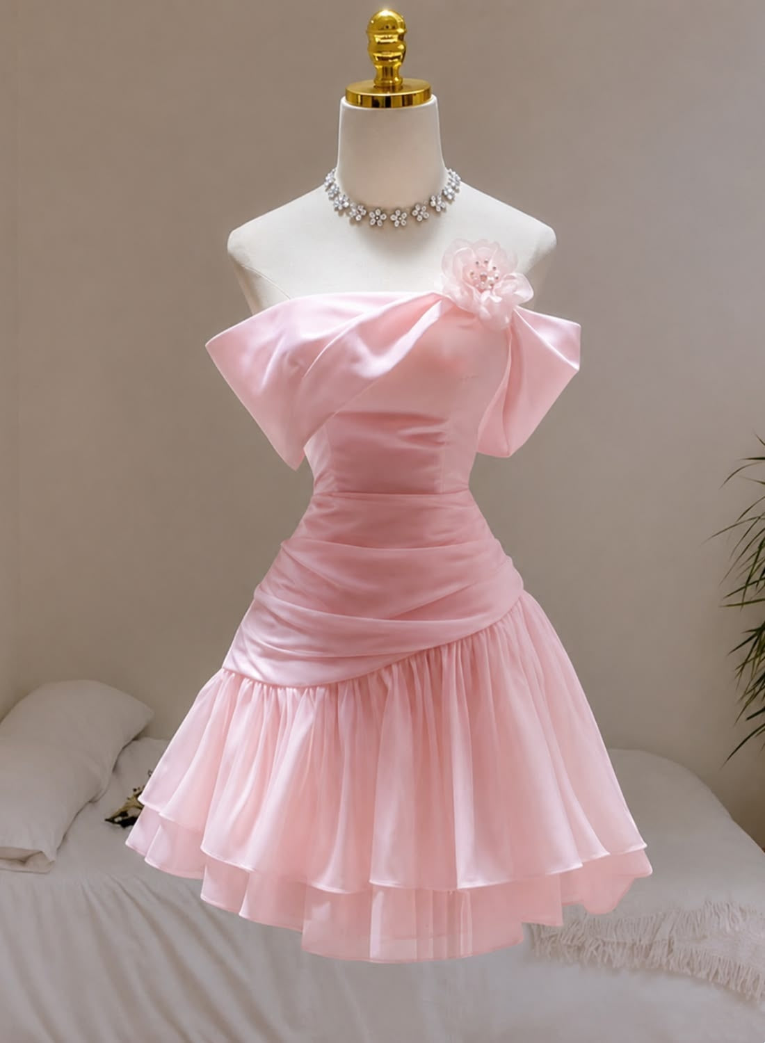 A Line Pink Short Birthday Dress Chiffon Party Dress J10978