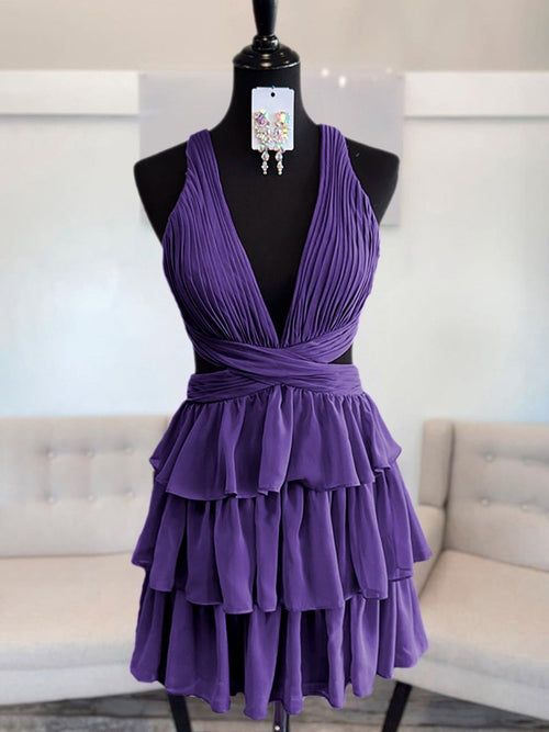 A-Line Purple Chiffon Layered Homecoming Dress