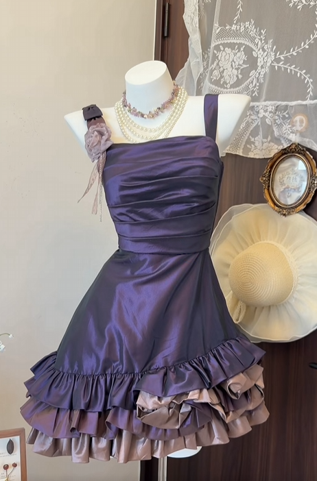 A-Line Purple Satin Homecoming Dress Ruffled Birthday Dress
