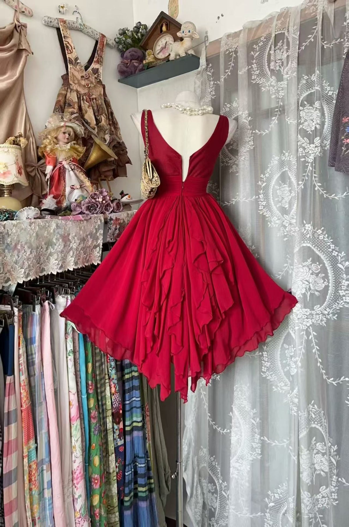 A-Line Red Chiffon Homecoming Dress Ruffled Birthday Party Dress