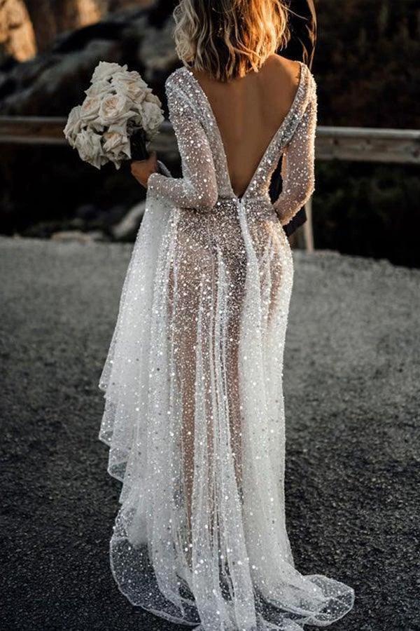 A Line See Through Deep V Neck Long Sleeves Sparkly Wedding Dresses (ZD16232)