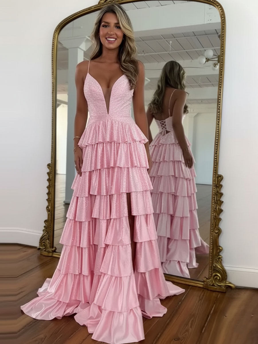 A Line Spaghetti Straps V Neck Satin Long Prom Dress with Slit