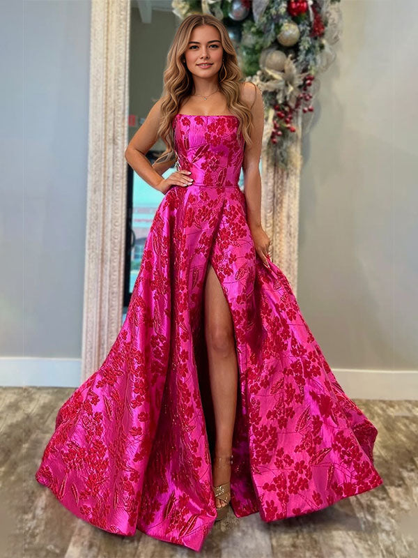 A-Line Strapless Jacquard Satin Long Prom Dress with Pockets - FashionDia