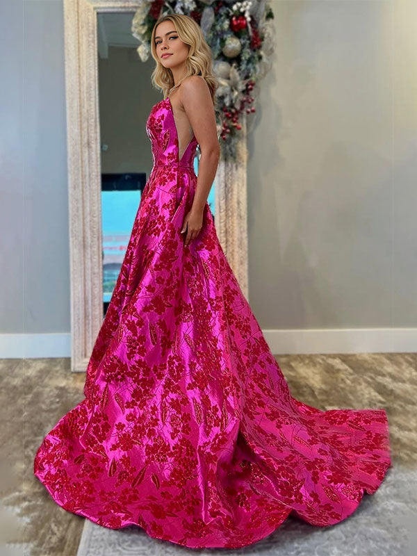 A-Line Strapless Jacquard Satin Long Prom Dress with Pockets - View 2 | FashionDia