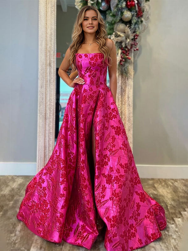 A-Line Strapless Jacquard Satin Long Prom Dress with Pockets - View 3 | FashionDia