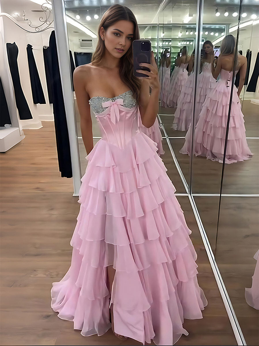 A-Line Strapless Sweetheart Tiered Chiffon Long Prom Dress with Beading - FashionDia