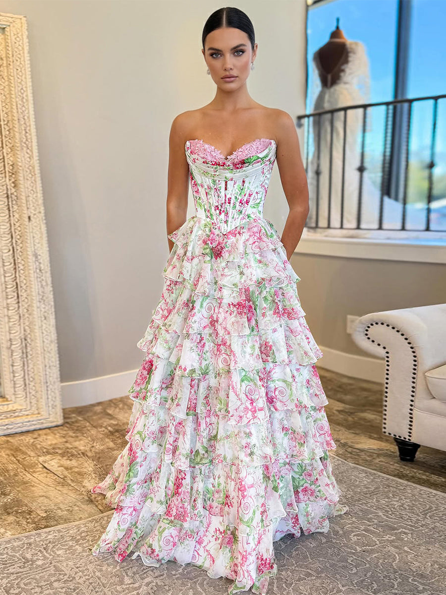 A-Line Sweetheart Floral Chiffon Tiered Prom Dress with Slit - FashionDia