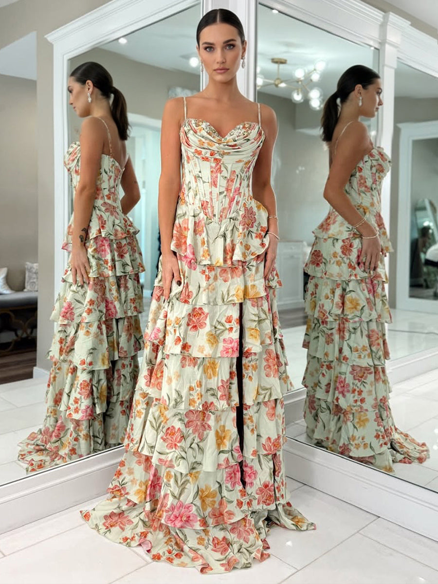 A-Line Sweetheart Floral Chiffon Tiered Prom Dress with Slit - FashionDia
