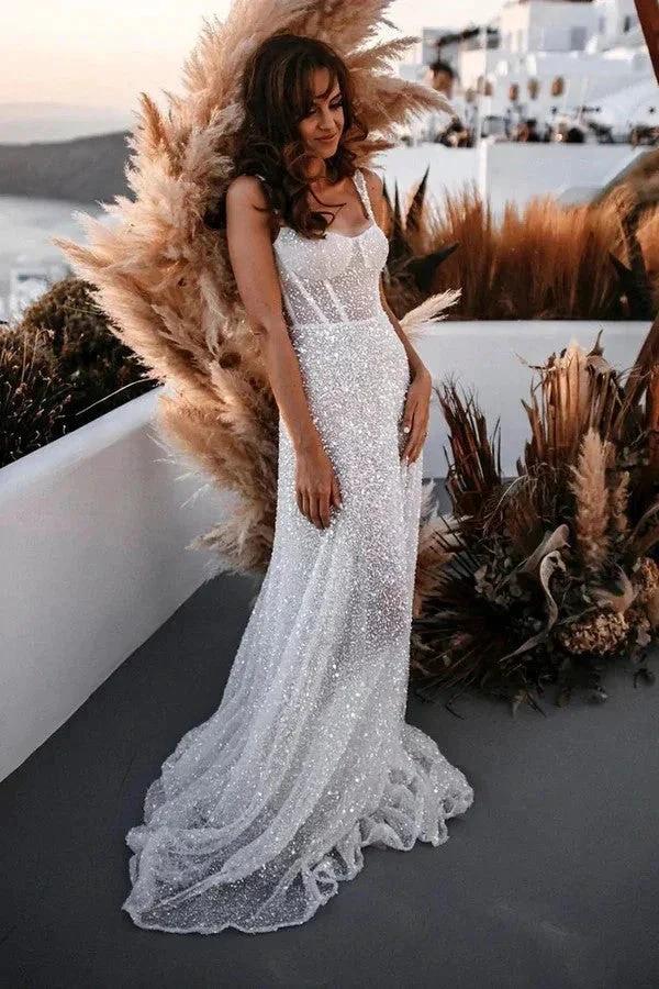 A Line Sweetheart Sparkly Sequins Beach Wedding Dress (ZD16086)
