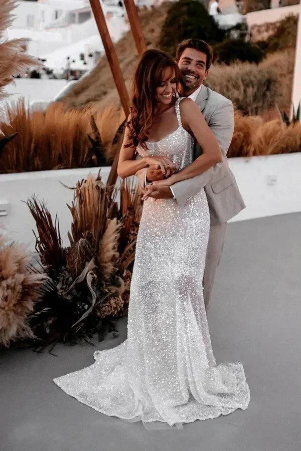A Line Sweetheart Sparkly Sequins Beach Wedding Dress (ZD16086)