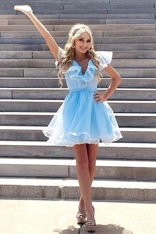 A Line V Neck Organza Ruffles Homecoming Dress (ZD11696)