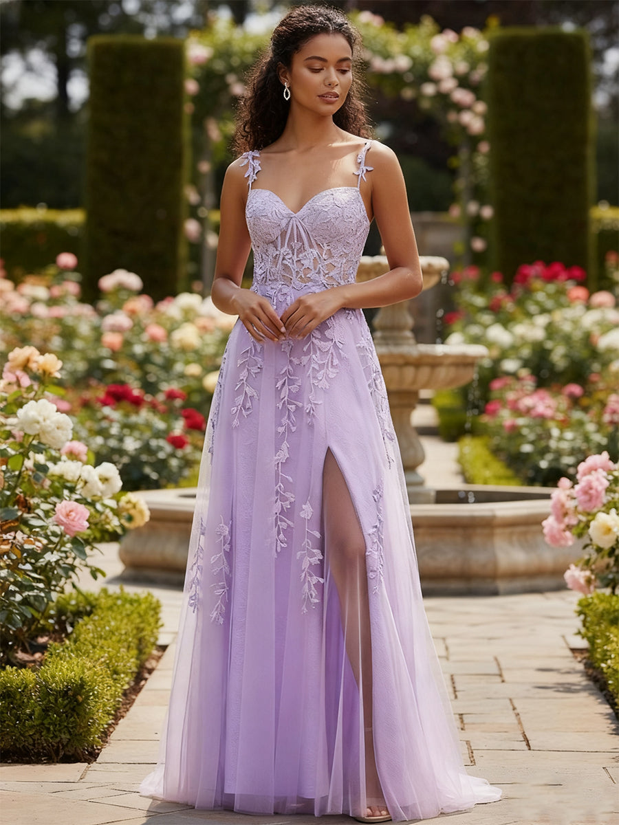 A-Line V-Neck Tulle Long Prom Dress with Appliqued Beading - FashionDia