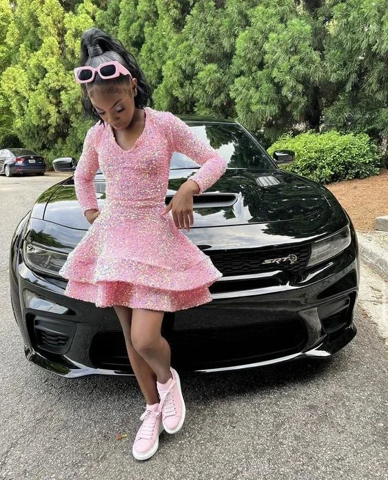 Pink Sequins Tiered Homecoming Dress 8th Grade Prom Long Sleeves Y498 by simplepromdress