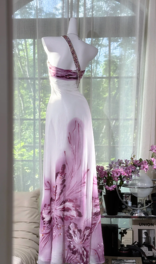Pretty One-Shoulder Beaded White Chiffon Lilac Floral Mermaid Evening Dress Long Party Gowns - View 3 | FashionDia