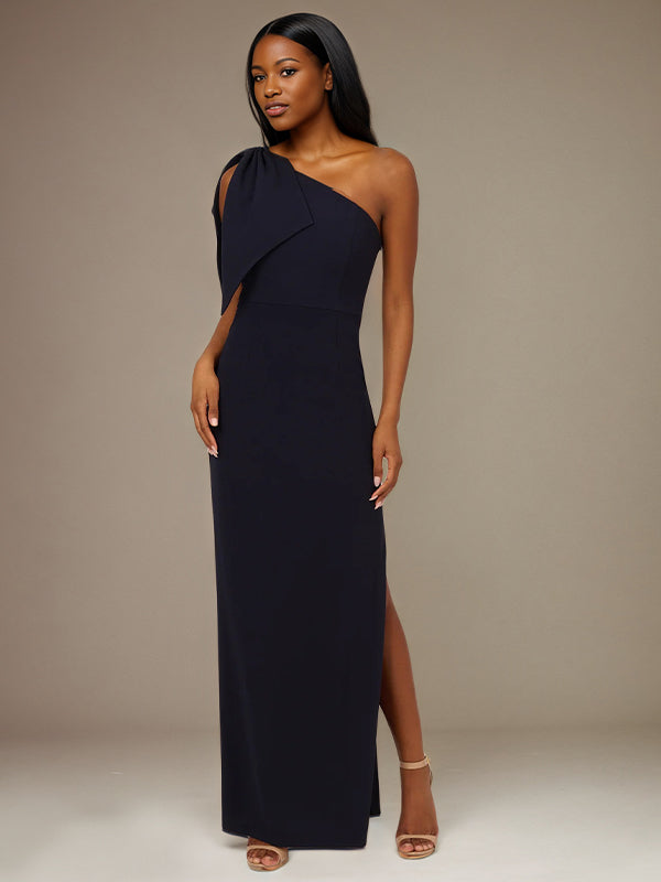 Black Stretch Crepe One Shoulder Sleeveless Floor Length Dress With Bow