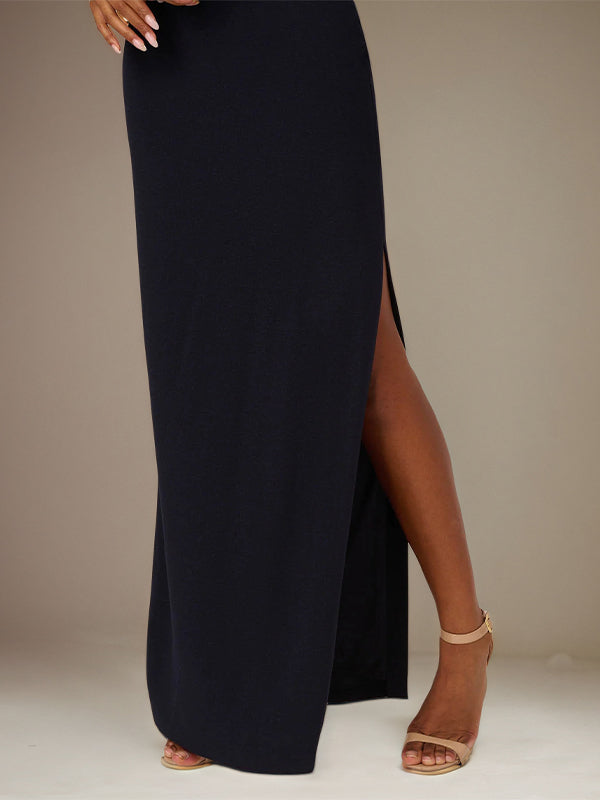 Black Stretch Crepe One Shoulder Sleeveless Floor Length Dress With Bow