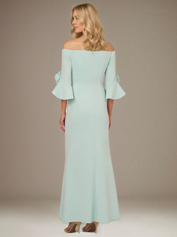 Mint Green A-Line Stretch Crepe Off-the-Shoulder 1/2 Sleeves Ankle Length Dress With Rose - View 2 | FashionDia
