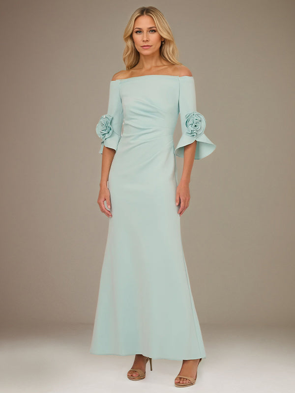 Mint Green A-Line Stretch Crepe Off-the-Shoulder 1/2 Sleeves Ankle Length Dress With Rose - FashionDia