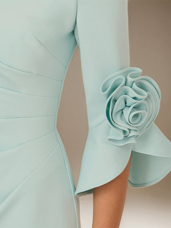 Mint Green A-Line Stretch Crepe Off-the-Shoulder 1/2 Sleeves Ankle Length Dress With Rose - View 5 | FashionDia