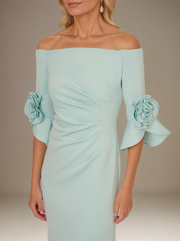 Mint Green A-Line Stretch Crepe Off-the-Shoulder 1/2 Sleeves Ankle Length Dress With Rose - View 4 | FashionDia