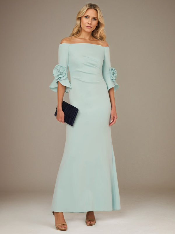 Mint Green A-Line Stretch Crepe Off-the-Shoulder 1/2 Sleeves Ankle Length Dress With Rose - View 3 | FashionDia