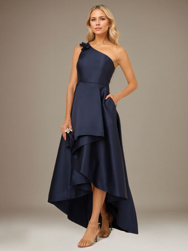 Royal Blue A Line Stretch Crepe One Shoulder Sleeveless Asymmetrical Length Dress