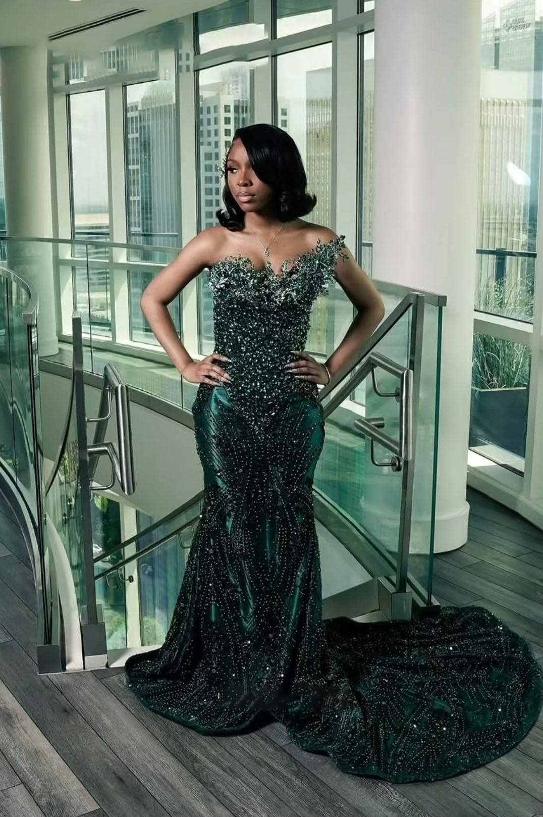 One shoulder Dark green Mermaid Sparkle Floor length Prom Dresses (ZD17396)