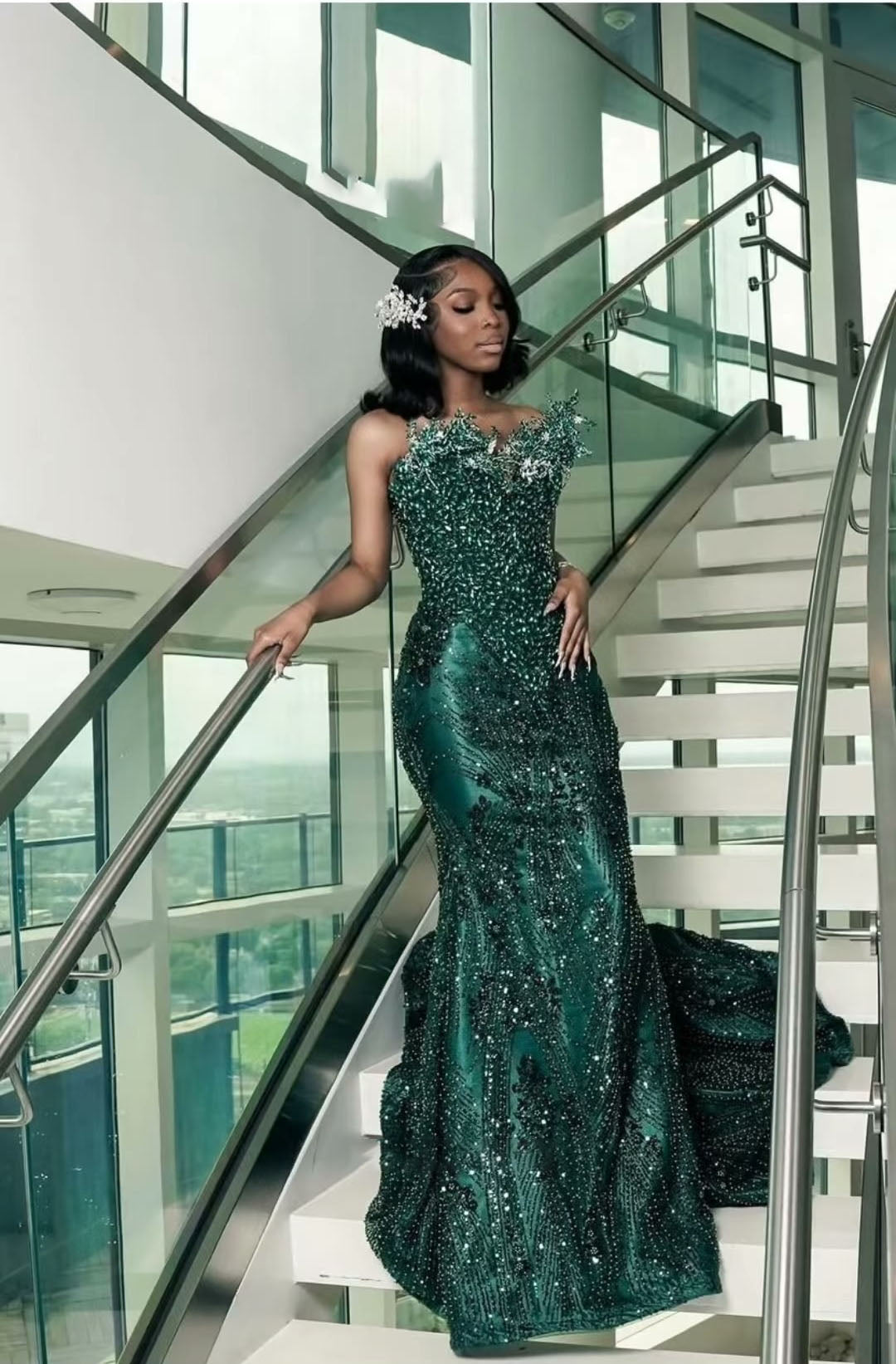 One shoulder Dark green Mermaid Sparkle Floor length Prom Dresses (ZD17396)