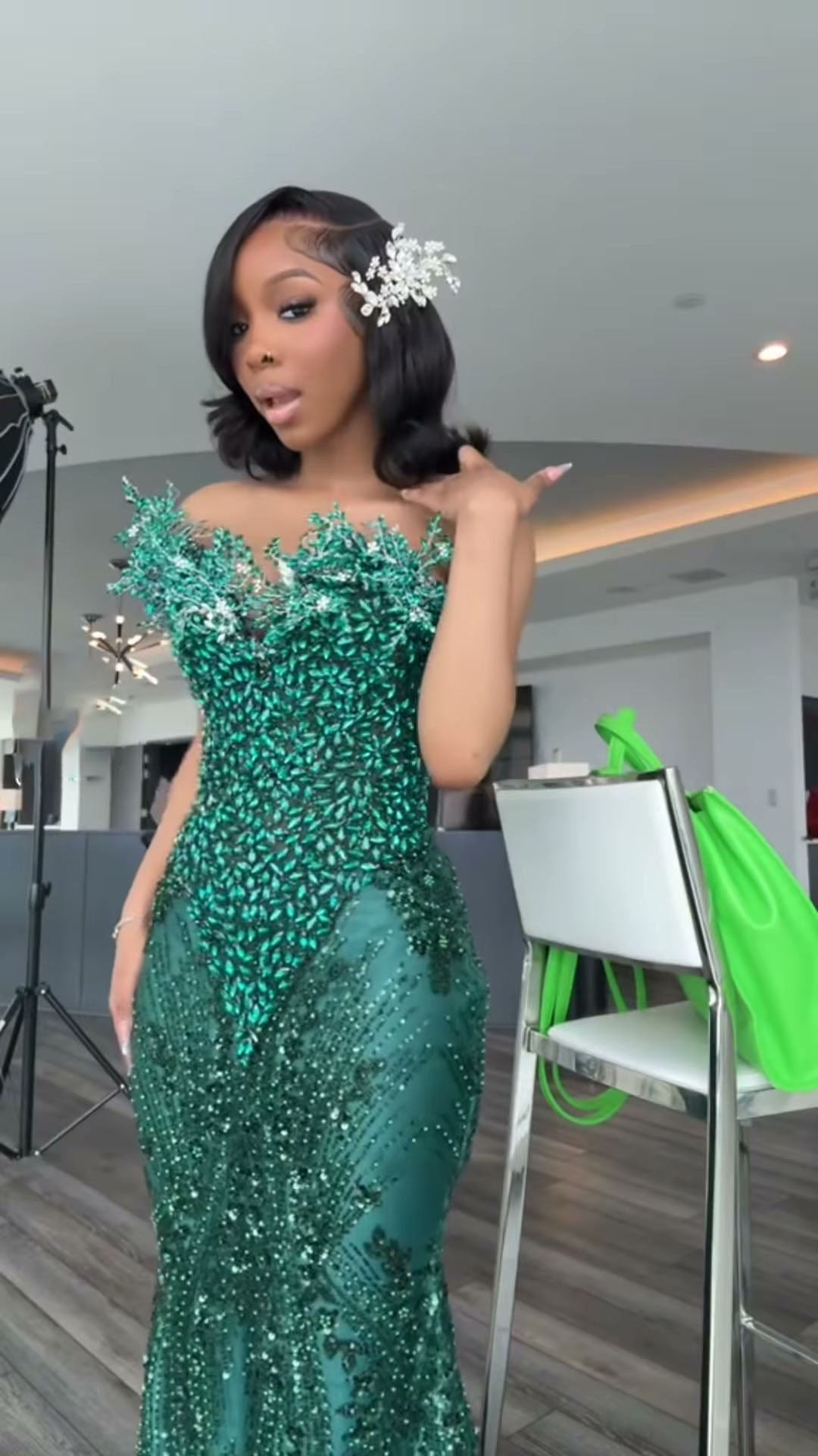 One shoulder Dark green Mermaid Sparkle Floor length Prom Dresses (ZD17396)