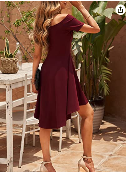 Women Off-the-Shoulder Short Sleeve High-Low Hem Club Cocktail Skater Dress - View 2 | FashionDia