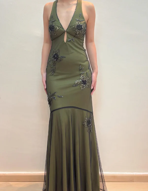 Vintage Halter Satin Beaded Mermaid Evening Dress Sexy Backless Green Prom Dress Y8228 - View 2 | VelvetHem