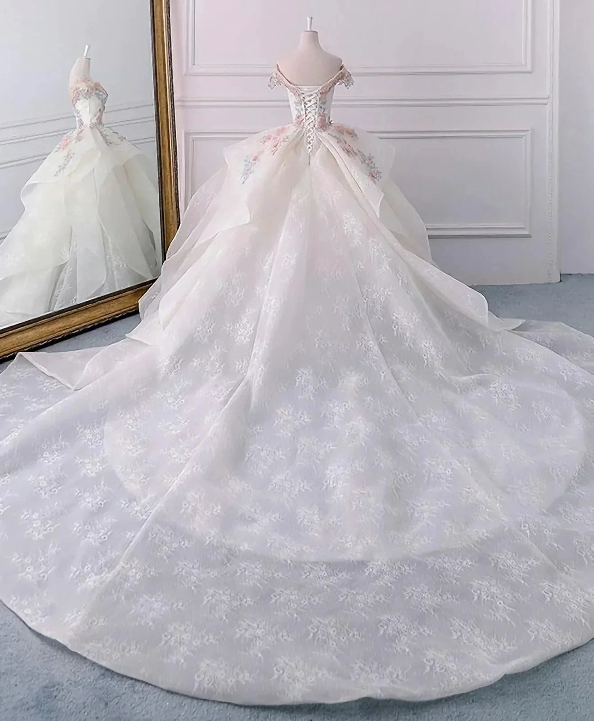 Stunning Off The Shoulder Flower Ball Gown Lace Wedding Dress (ZD13599) - View 3 | VelvetHem