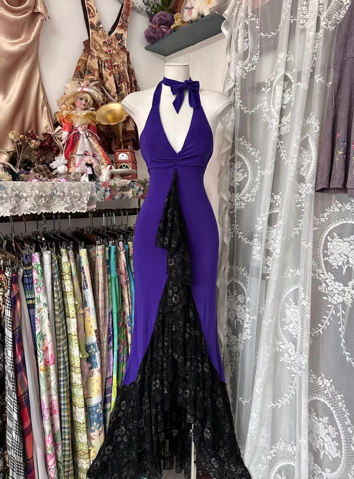 Unique Purple Satin Lace Ruffles Evening Dress Halter Mermaid Prom Dress