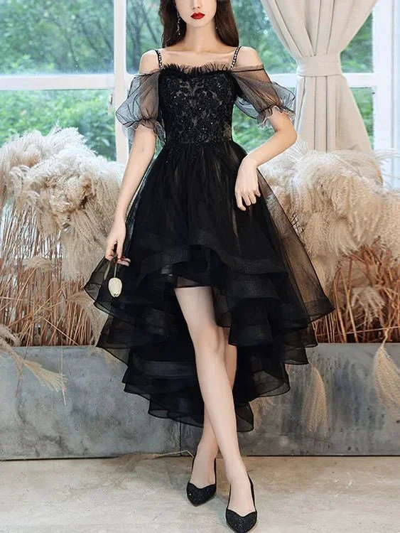 Black Sweetheart Tulle Lace High Low Prom Dress Black Homecoming Dress Y5689 by simplepromdress