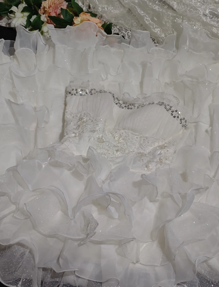 Glamorous Strapless Beaded White Chiffon Ruffles Layered Long Wedding Dress Formal Bridal Gowns - View 5 | FashionDia